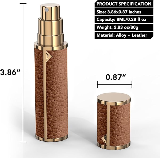 8ML Travel Perfume Refillable Atomizer, Mini Genuine Leather Cologne Sprayer, Protable Pocket Size Empty Fragrance Spray Bottle (Brown)