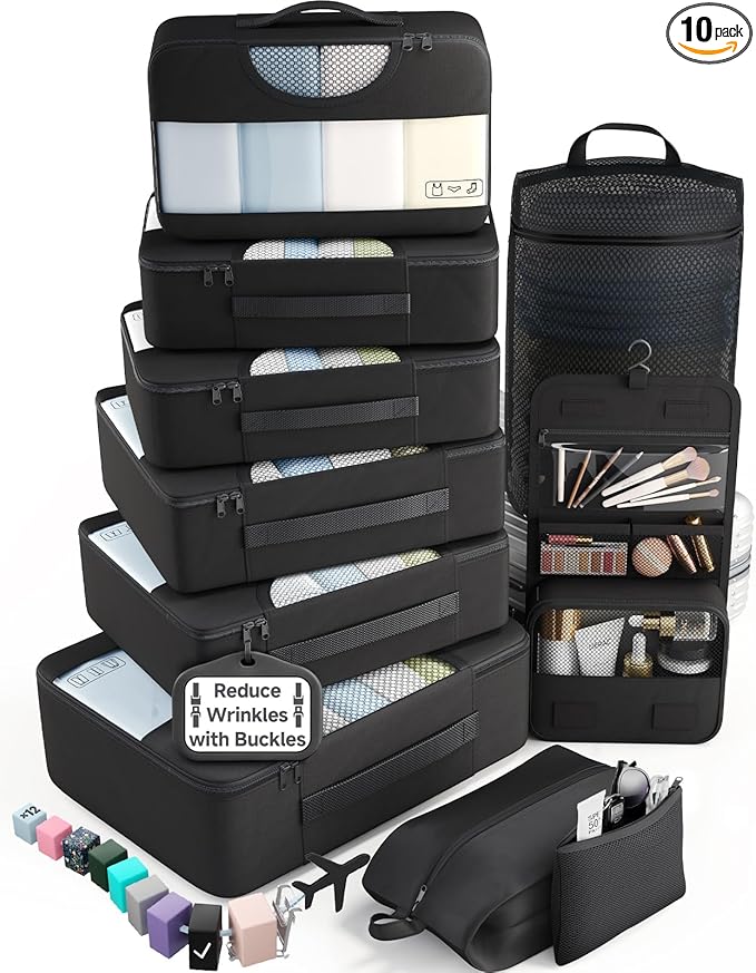 Veken 10 Set Packing Cubes for Travel Essentials,Anti-Wrinkle Buckled Suitcase Organizer for Shoe & Toiletry Bag,Carry On Luggage Bag for Airplane & College Dorm Room Accessories,Women Men Gifts
