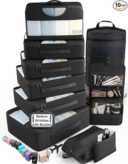Veken 10 Set Packing Cubes for Travel Essentials,Anti-Wrinkle Buckled Suitcase Organizer for Shoe & Toiletry Bag,Carry On Luggage Bag for Airplane & College Dorm Room Accessories,Women Men Gifts