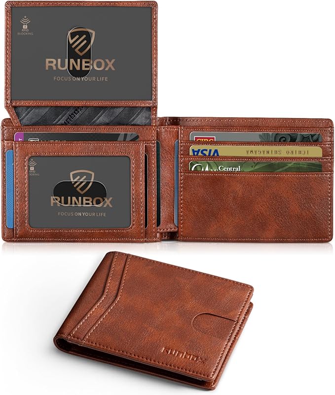 RUNBOX Wallet for Men -Slim Rfid Leather Mens Bifold Novelty Wallets 2 ID Window With Gift Box Men's Accessories | Slim