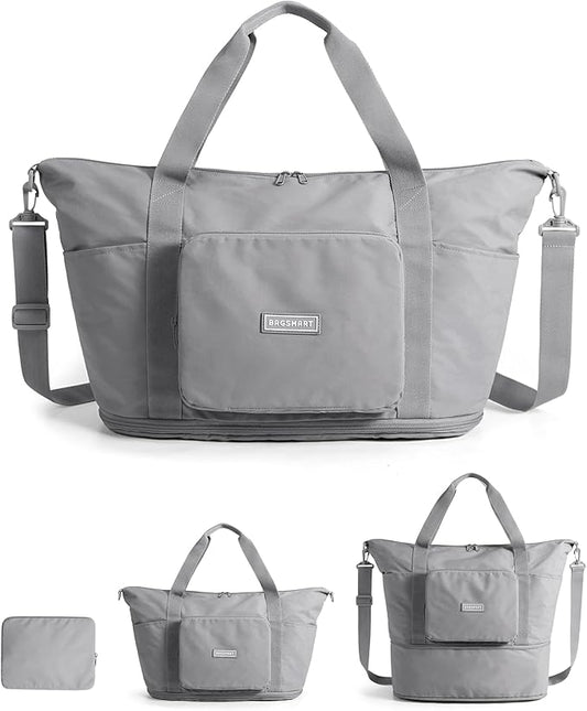 BAGSMART Foldable Travel Bag, 37L Expendable Personal Item Bag, Lightweight Weekender Bags for Women, Water Resistant Extra Carry on for Travel, Gray
