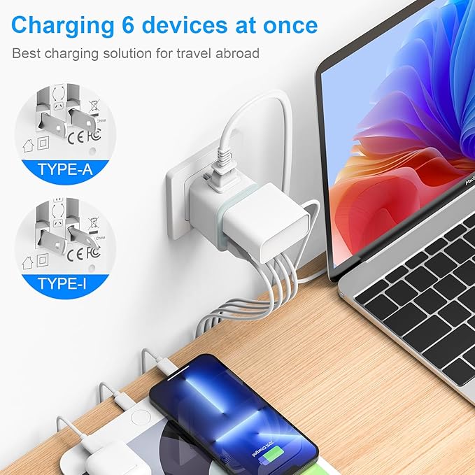 Australia Travel Plug Adapter, Foldable Power Adapter with 4 USB(2 USB C Port) and 2 Outlets Charger, 2 in 1 Type A/I Travel Adapter for US to Japan Canada Mexico Australian AU Argentina Fiji