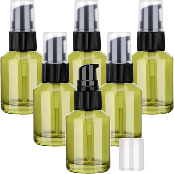 Segbeauty 6pcs 1oz Glass Empty Travel Size Bottles for Creams, Refillable Lotion Pump Bottle Dispenser, 30ml Liquid Travel Containers, Green Mini Lotion Container Foundation Cosmetics Pump Dispensers