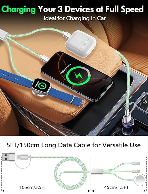 Travel Essentials for Apple Watch Charger,iPhone Charger,3 in 2 Type C/Lightning/Magnetic Travel Charging Cable,Portable Multi Charging Cable for Apple Watch, iPhone 17‑11,Samsung S26,Car,iPad-5FT
