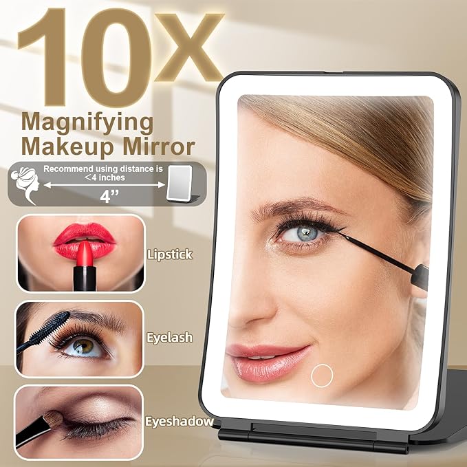 Mocado Travel Makeup Mirror with Light, 1x/10x Magnifying Mirror with Light, 3 Colors Lighted Magnifying Mirror, 2000mAh Rechargeable Lighted Makeup Mirror, Dimmable Touch, Memory Function (Black