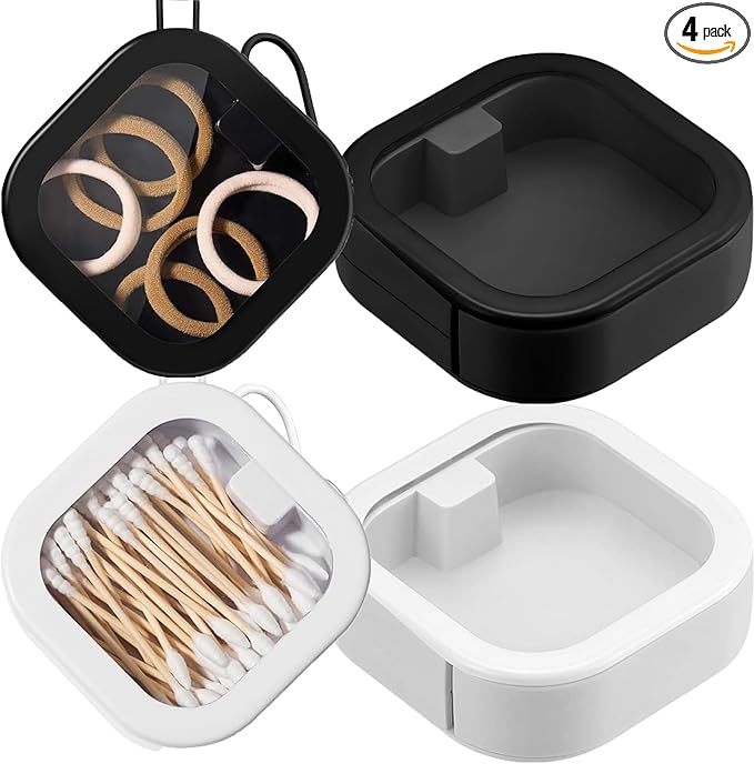 Hair Tie Organizer,Portable Travel Qtip Holder,Bathroom Storage Organizer Qtip Dispenser Cotton Swabs Dispenser Kids Hair Accessory Box with Lid for Bathroom (2pcs,Black&White)