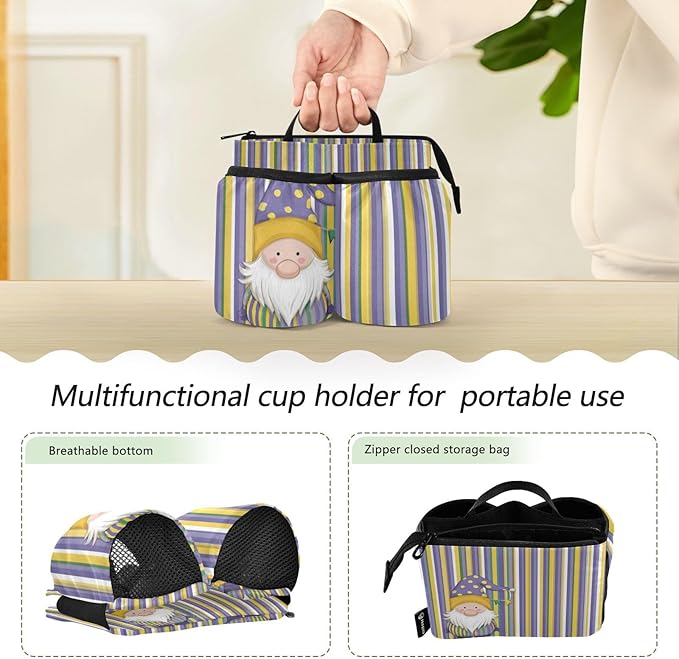 Luggage Cup Holder for Suitcases Free Hands Suitcase Cup Holder Travel Luggage Drink Holder Portable Luggage Cup Caddy Bag Carrier with Handle Stripe Mardi Gras Gnome