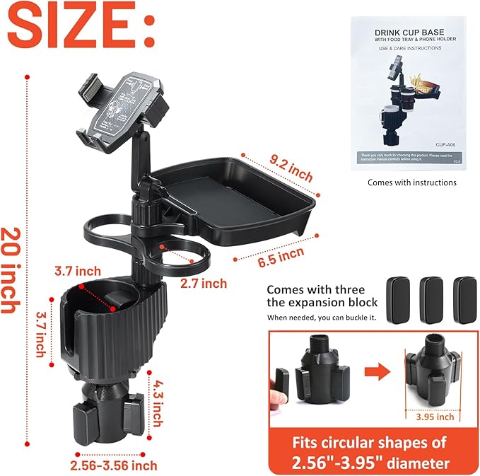 Car Large Cup Holder Expander, 5-in-1 Cupholder Extender with Phone Holder & Swivel and Detachable Snack Food Tray Table for Eating, Travel Essentials for Road Trips for Driver. Model C