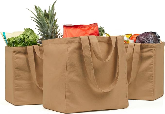 VeraMia Canvas Grocery Bag 3pc XL Set with Real Pockets, Long Shoulder Strap and Short Handle. Heavy Duty, Foldable, Washable