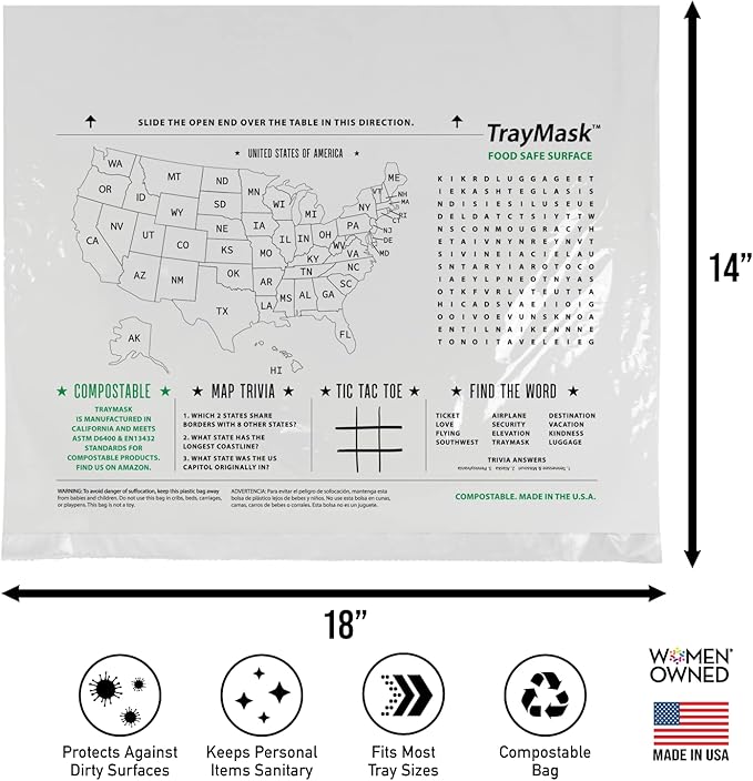 TrayMask Compostable Disposable Tray Table Cover | Must Have Airplane Essentials | Perfect for Kids and Adults Travel Accessories | Provides a Clean Layer of Protection | 6 Pack