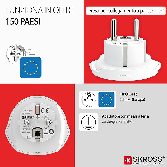 Skross World to Europe Country Travel Adaptor, White