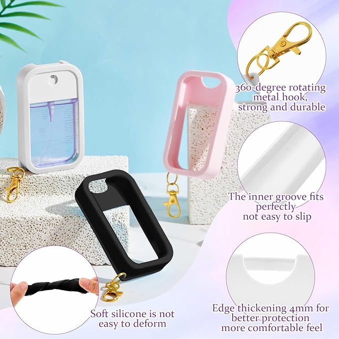 Honeydak 6 Pcs Silicone Case Compatible with Touchland Hand Sanitizer Spray Protective Case with Keychain for Power Mist and Glow Mist 1 Fl oz Hand Sanitizer Spray Accessory (Black,White,Pink)