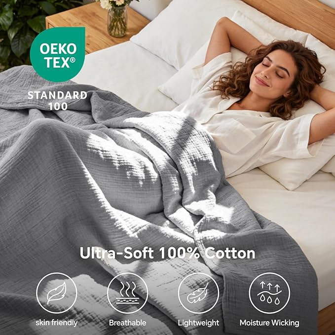 BEDELITE 100% Cotton Muslin Blankets for Adults - 4-Layer Twin Size Breathable and Lightweight Gauze Blanket for Couch, Bed, Travel and Summer, Soft & Cozy Gift for Women, Grey, 60"x80"