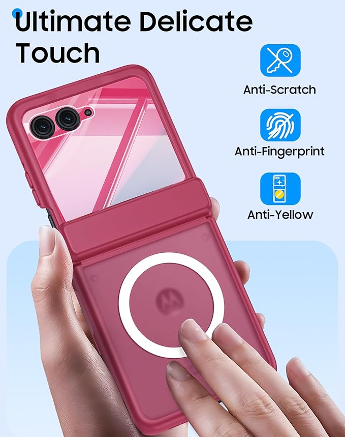 Magnetic for Motorola Razr 2025 Case/Razr 2024 Case,Hinge Protection, Screen Protector, Compatible with MagSafe, Translucent Frosted, Shockproof Slim Cover for Razr 2025/2024-Rose Red