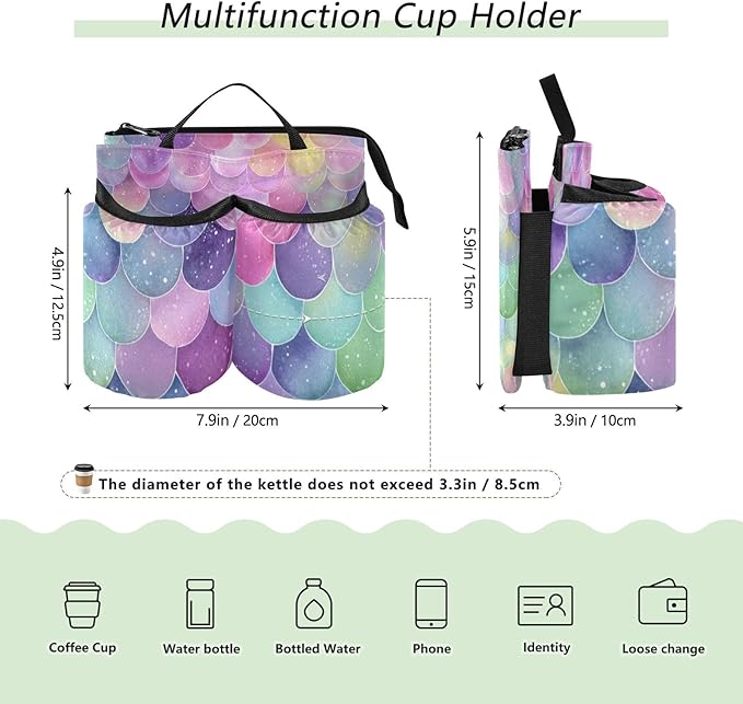 Luggage Cup Holder for Suitcases Free Hands Suitcase Cup Holder Travel Luggage Drink Holder Portable Luggage Cup Caddy Bag Carrier with Handle Watercolor Mermaid Scales Colors