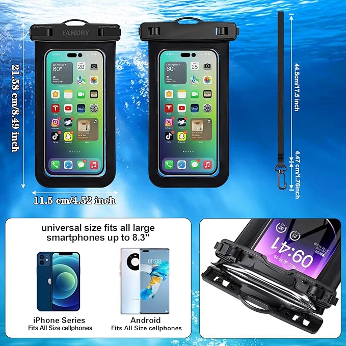 Famoby 6 Pack Multicolor Waterproof Phone Pouch,Phone Case Dry Bag,Protection Level: IP68,Beach Cruise for iPhone,Samsung,and More,Lanyard Included,(Up to 8.3”),Black,Blue,Pink,Orange,Yellow,Green