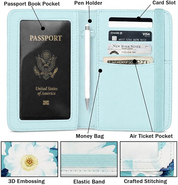 ZOPPEN RFID Blocking Passport Holder for Travel – PU Leather Waterproof Lightweight Passport Cover Wallet for Women Men, Travel Organizer with Card Slots for Airline Tickets & Passport Book, Flower A