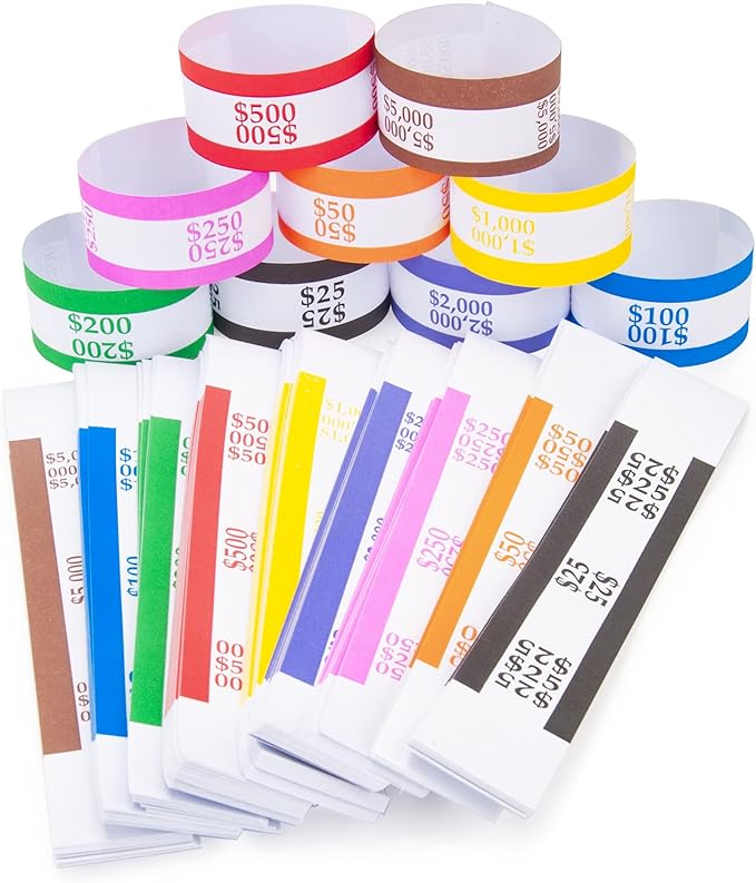 L LIKED Money Band Bundles Self Sealing Currency Straps for Bill Wrappers (9 Colors - 360 Assorted)