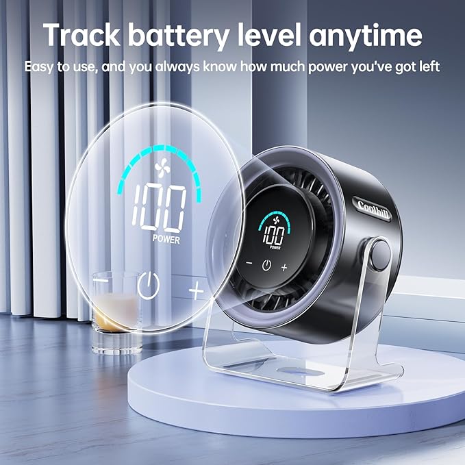 USB Desk Fan for Bedroom: 100 Speeds Digital Display Quiet Portable Fan with Turbo Airflow, 120° Rotating Small Rechargeable Battery Desktop & Wall-Mounted Fans for Bedroom Home Office (Black)