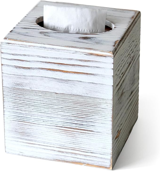 S310 Wood Tissue Box Cover, Rustic Square Tissue Box Holder with Slide-Out Bottom, Wooden Cube Tissue Covers Tissue Holders for Bathrooms Office Kitchen, White