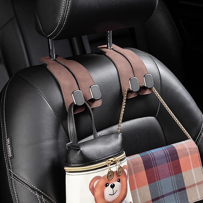 Amelity Universal Car Headrest Hooks, Women’s Car Interior Accessories for Purses Handbags Grocery & Backpacks, Brown 4 Pack