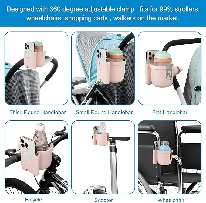 Accmor Stroller Cup Holder with Phone Holder, Bike Cup Holder, Universal Cup Holder for Uppababy Nuna Doona Strollers, 2-in-1 Cup Holder for Walker, Wheelchair, Scooter