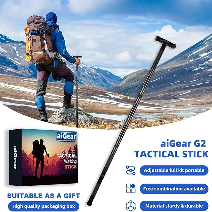 aiGear G2 Tactical Hiking Stick, Heavy-Duty 6-8 Section Adjustable Walking Staff for Men Women, Aerospace Aluminum Trekking Poles with Multi-Tool for Camping Wading Self Defense Overlanding