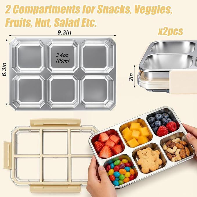 Palksky Snack Box Stainless Steel 6 Compartment, Reusable Snack Containers with Lids, Portion Control Snack Boxes for Adults, Ideal for Office Desk, Travel, Picnic & Fitness, 2 Packs