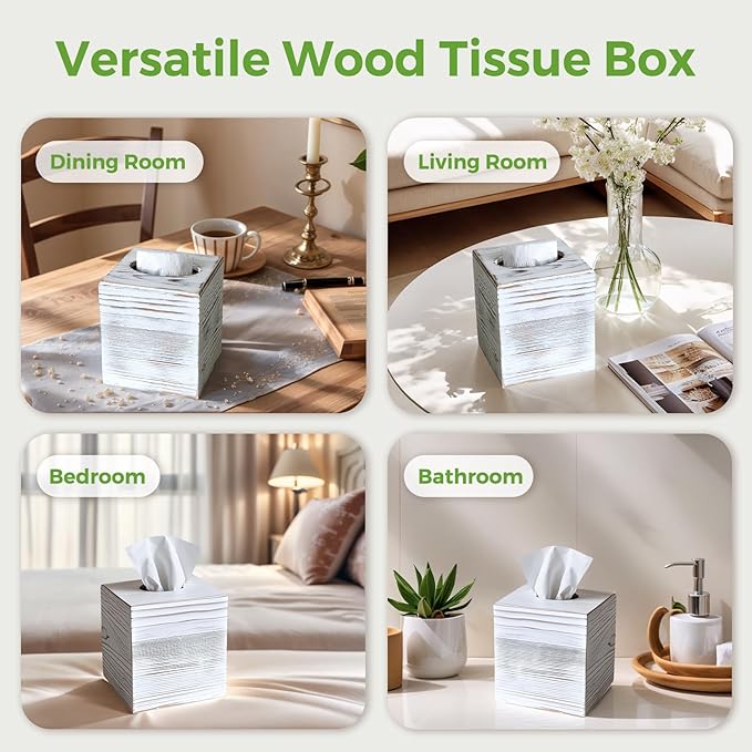S310 Wood Tissue Box Cover, Rustic Square Tissue Box Holder with Slide-Out Bottom, Wooden Cube Tissue Covers Tissue Holders for Bathrooms Office Kitchen, White
