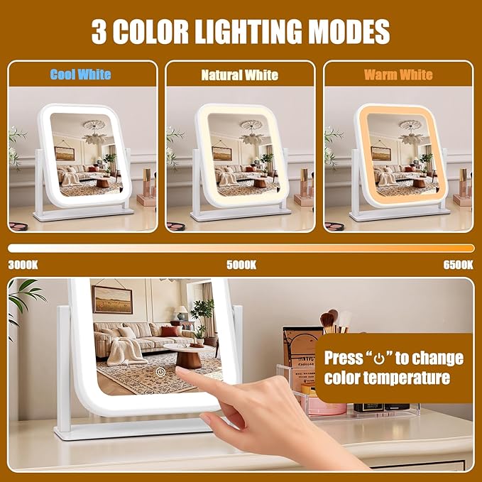 Rechargeable Vanity Mirror with Lights, 1500mAH, 10"×9" Makeup Mirror with Lights, Smart Touch with 3-Color Lighting, 360° Rotation, Portable LED Desk Mirror, Bedroom (White)