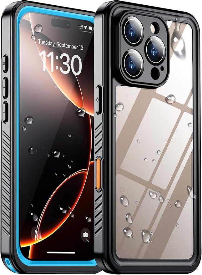 Compatible with iPhone 16 Pro Max Case Waterproof, Built-in Screen & Camera Protector IP68 Underwater Full Body 16FT Military Dropproof Shockproof Phone Case 6.9"-Blue/Clear