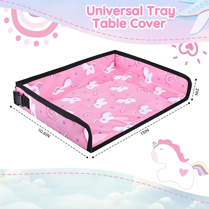 Kids Travel Tray Table Cover with Pockets – Airplane Essentials for Toddlers, Portable Activity Organizer for Plane, Train Car & Highchair, Machine Washable (Pink)