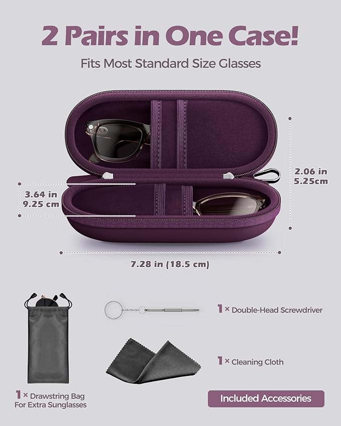 ProCase Double Sunglasses Case, Hard EVA Shell Shockproof Dual Eyeglass Case for Men Women with Metal Hook and Velvet Lining, Travel Zipper Glasses Holder Organizer Fathers Day Gift for Dad -Plum