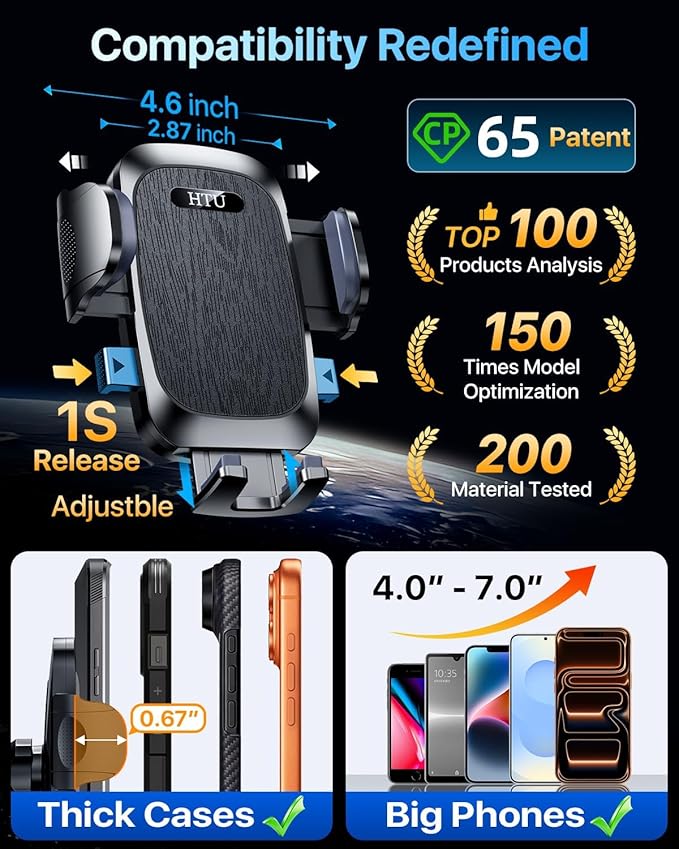 HTU 【98+LBS Strongest Suction & Military-Grade】 Ultimate Car Phone Mount【Patent & Safety Certs】 Cell Phone Holder Truck Stand for Dashboard Windshield Vent for iPhone 17 Pro Max 16 15 Samsung (Black)
