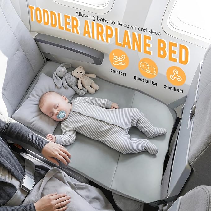 Grey Large Toddler Airplane Bed, Foldable Airplane Seat Extender Footrest, Portable Soft Kids Travel Sleeping Bed, Multi-Scene Flight Essentials for Toddlers Up to 55 lbs