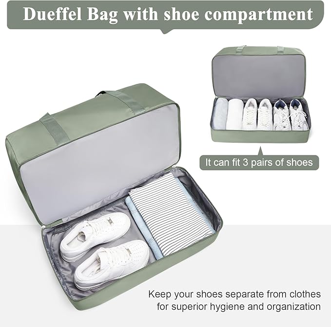 Large Travel Duffle Bag with Shoe Compartment, Weekender Bags for Women, Carry On Overnight Bags for Gym Sports & Business Trips, Water-Resistant Hospital Bag for Labor and Delivery,Green