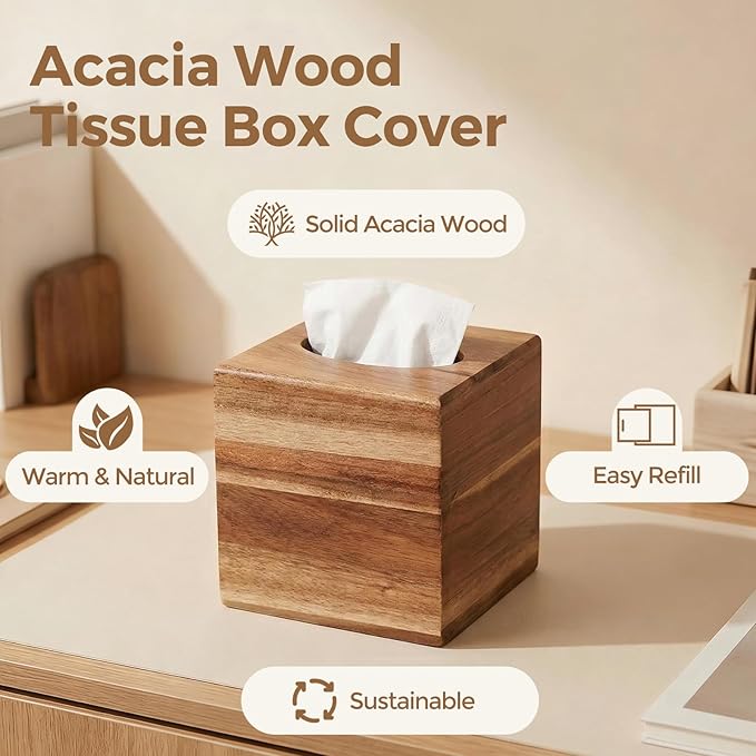 2 Pack Acacia Wood Tissue Box Cover, Square Tissue Box Holder with Slide-Out Bottom, Wooden Cube Tissue Covers Tissue Holders for Bathrooms Office Kitchen