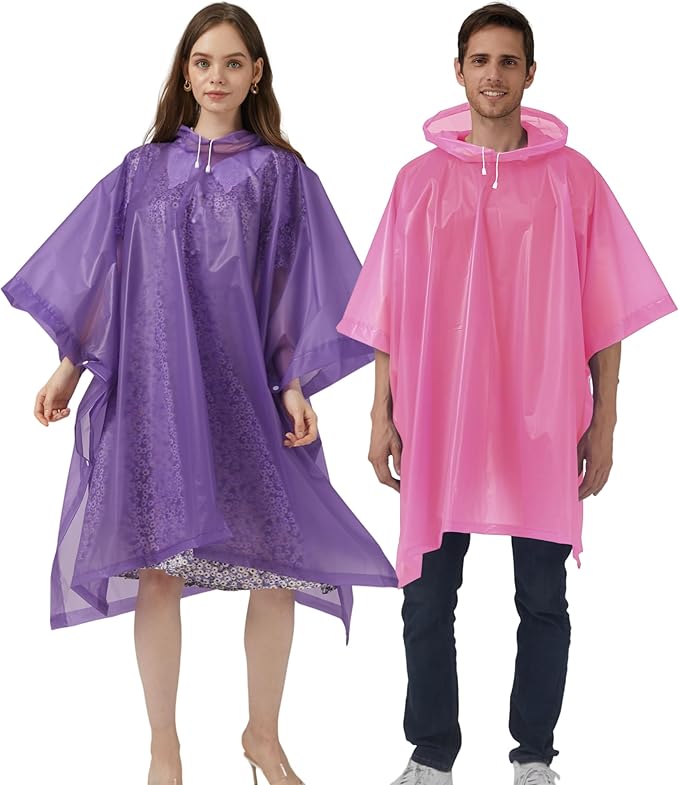 Rain Ponchos for Adults, 2 Pack Raincoats Jacket Reusbale with Drawstring Hood Sleeves for Women Men