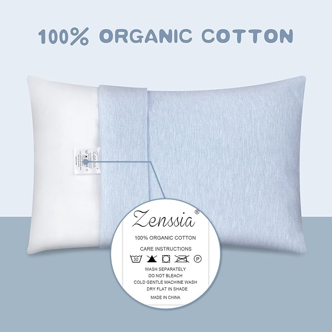 Zenssia Organic Cotton Toddler Pillowcase/Travel Pillowcase Pack of 2 Set 13x18 Inches with Envelope Closure - Soft & Breathable Baby Pillow Case Cover Solid Blue