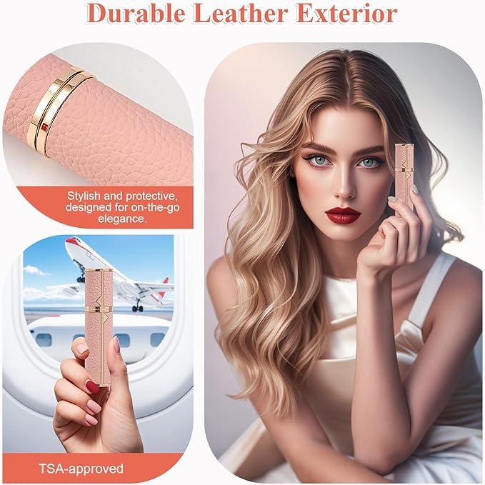 Refillable Travel Perfume Bottle – Fine Mist Atomizer, Bottom Fill, Genuine Leather Shell, TSA Approved, For Daily Refresh & Travel (Pink, 5ml)