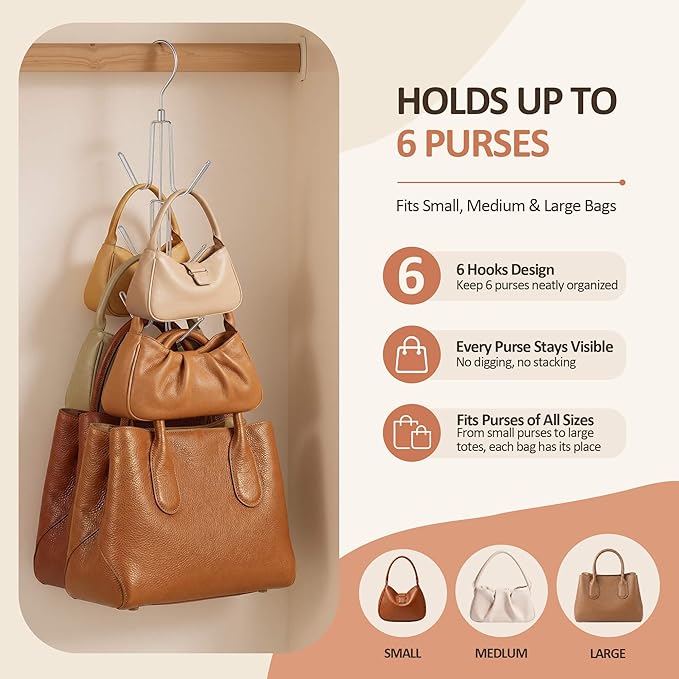 ZEDODIER Purse Organizer for Closet, Heavy-Duty Hanging Purse Hanger Closet Holds Up to 6 Purses, Metal Rotating Space Saving Bag Holder Handbag Storage Hook Backpack Rack, Silver