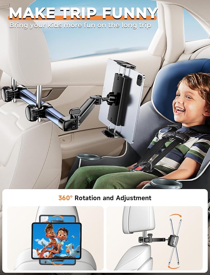Tryone Headrest Tablet Holder for Car Accessories : [18.11-inch Long Arm] 3-in-1 Backseat Tablet Holder for Kids Road Trip Compatible with iPad Switch Smartphones & Tablets or Other 4.7-13" Devices