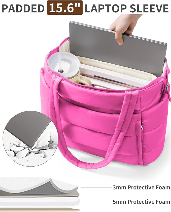 Bagstellar Puffer Tote Bag for Women, Lightweight Puffy Work Handbag Teacher Nurse Quilted Shoulder Bag for School Travel Gym | Cloud Bag w/ Zipper