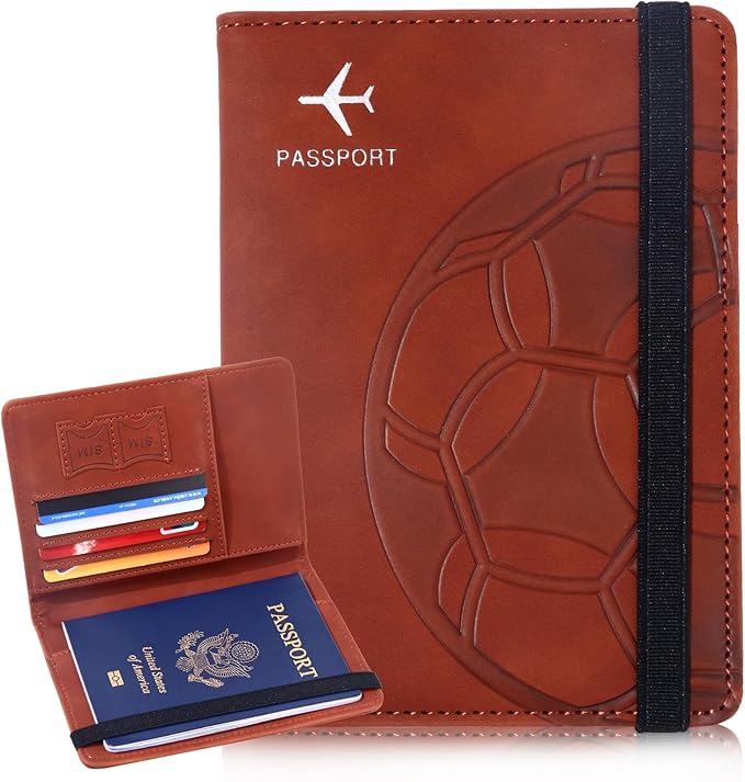 Passport Holder and Card Slot Combo RFID Blocking Leather Personalized Travel Passport Wallet for Men and Women US Passport Cover Protector (Soccer Coffee)