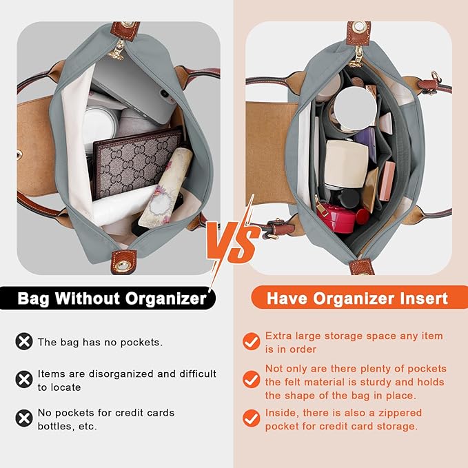 LOUKAYCCI Felt Purse Organizer Insert for Longchamp Le Pliage M Handbag Insert (Light Grey, Medium)
