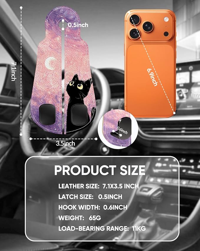 WOCOCN Purse Holder for Car, 2 Pack Heavy Duty Purse Hanger for Car, PU Leather Car Seat Hooks for Purses and Bags, Cute Pink Starry Sky Cat Headrest Organizer for Handbags & Backpacks