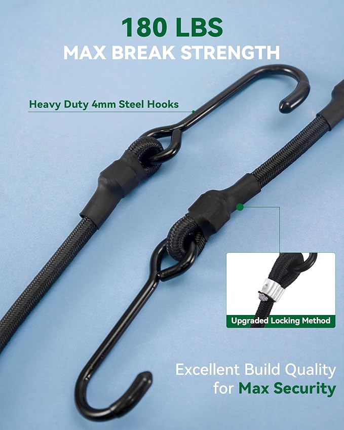 180 Lbs Real Heavy Duty Bungee Cords with Rust Resistant Steel Hooks, 100 Inch Black Bungee Straps with 2X Stretch & UV Protection, Perfect for Camping, Tarps, Tent, Bike, Luggage (2 Pcs)