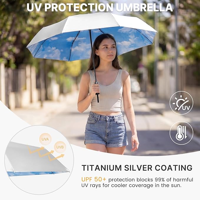 G4Free 46 Inch Mini Travel Umbrella with Retractable Handle, Pocket Size Umbrellas for Sun Rain. UV Protection UPF 50+, Small Compact Umbrella