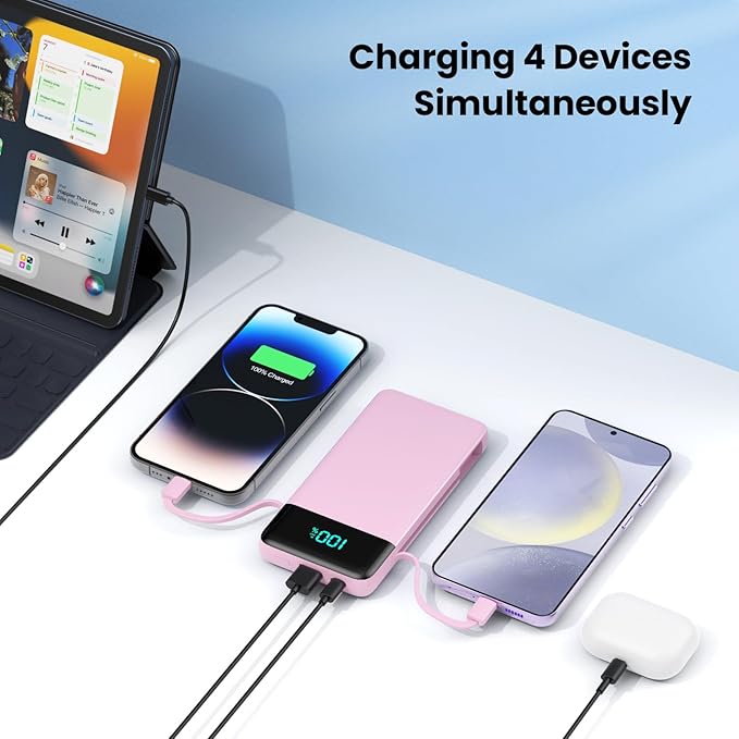 Portable Charger for iPhone with Built in Cables and Wall Plug,Upgraded 13800mAh Fast Charging USB C Power Bank,4 Outputs Travel Essential Battery Pack Compatible with iPhone 17/16/15/14,Galaxy-Pink