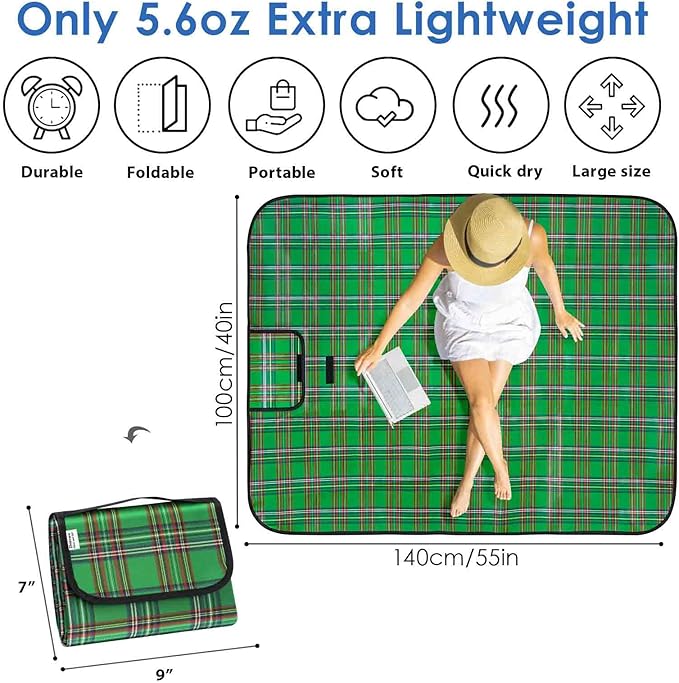 Beach Picnic Blanket, Sandproof Waterproof Camping Blankets Large, Outdoor Sandfree Foldable Mat 55x40in, Oversized Packable Family Mats for Hiking, Camping, Park, Travel, Grass Concert-Green